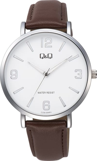 Q&Q C33A-004PY - Horloge - Analoog - Heren - Mannen - Leren band - Rond - Metaal - Cijfers - Streepjes - Bruin - Zilverkleurig - Wit - 3 ATM