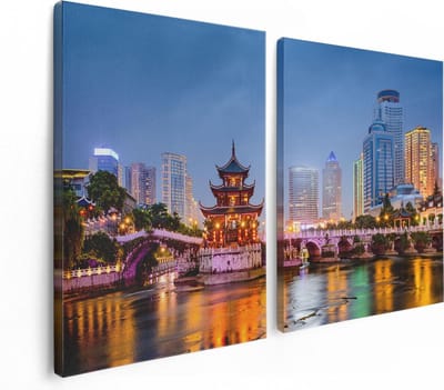 Artaza Canvas Schilderij Tweeluik Rivier bij Stad Guiyang in China - 120x80 - Foto Op Canvas - Canvas Print