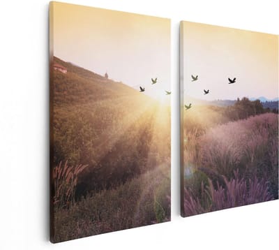 Artaza Canvas Schilderij Tweeluik Silhouet Zwerm Vogels Bij Zonsondergang - 80x60 - Foto Op Canvas - Canvas Print