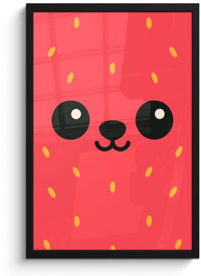 Poster in lijst - Fotolijst 40x60 cm - Posters - Kat - Aardbei - Cartoon - Posterlijst zwart - Decoratie - Wanddecoratie woonkamer - Muurdecoratie slaapkamer