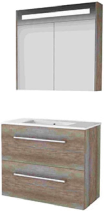 Basic-Line Premium 39 Badkamermeubelset - Ondiep - 80 x 39 cm - Met Grepen - 2 Lades - Keramische Wastafel - 1 Kraangat - Spiegelkast met LED Verlichting - Scotch Oak