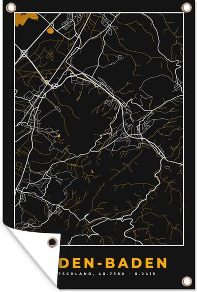Muurdecoratie Stadskaart – Kaart – Baden Baden – Gold – Duitsland – Plattegrond - 120x180 cm - Tuinposter - Tuindoek