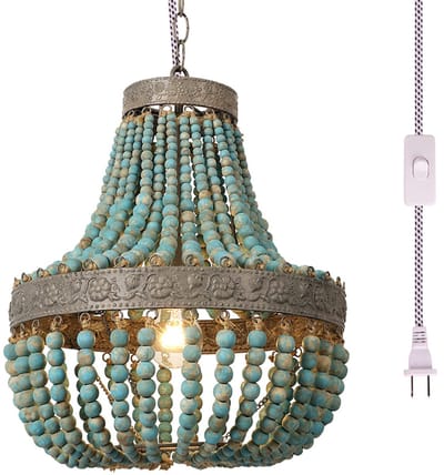 Houten kraal kroonluchter hanger blauwe afwerking Bohemian Boho Beachy plafondlamp lampen, plug-in