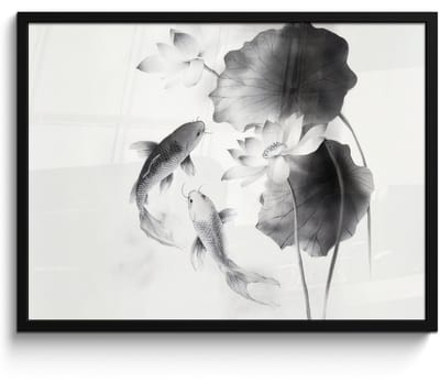 Poster in lijst - Fotolijst 70x50 cm - Posters - Lotusbloemen - Vissen - Bladeren - Zwart - Posterlijst zwart - Decoratie - Wanddecoratie woonkamer - Muurdecoratie slaapkamer