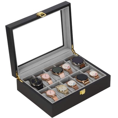 Springos Horlogedoos - Horlogebox - Horlogeopberger - Klikgesp - Zwart - Grijs - 10 Horloges - 26,5 x 20 x 8 cm