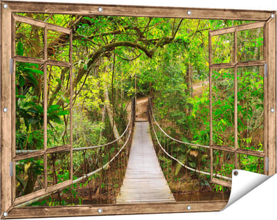 Gards Tuinposter Doorkijk Hangbrug - 120x80 cm - Tuindoek - Tuindecoratie - Wanddecoratie buiten - Tuinschilderij