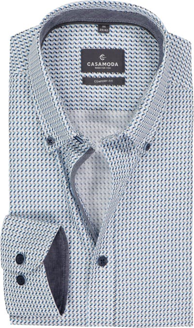 CASAMODA Sport comfort fit overhemd - popeline - wit met blauw en groen dessin