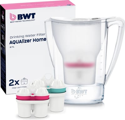 BWT Waterfilterkan AQUAlizer Home + 1 Zink & 1 Magnesium Waterfilter | Verwijdert kalk, chloor, lood & koper | 120 L per cartridge | Handmatige vervangingsindicator | BPA‑vrij | Past in koelkastdeur | Geschikt voor thee, koffie & koken