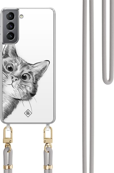 Casimoda® hoesje met koord - Geschikt voor Samsung S21 - Peekaboo Kat - Afneembaar koord - TPU/polycarbonaat - Grijs