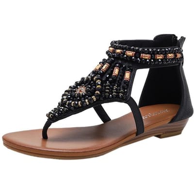 Grote Maat 41 42 Dames Hand Gevlochten Kralen Chunky Hak Sandalen Teenslippers Bohemien Nationale Stijl Lage Hak Zomerschoenen 42 zwart