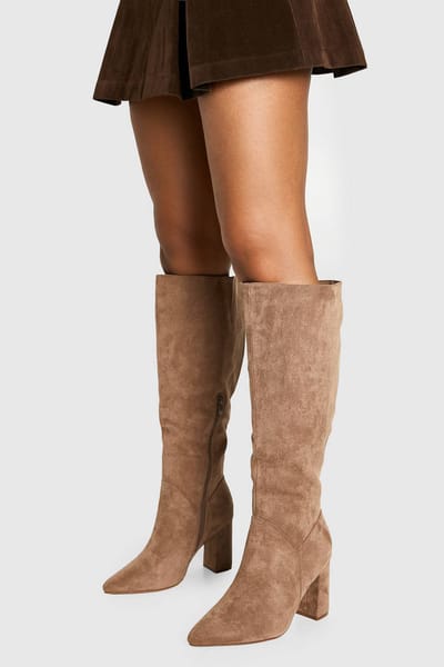 boohoo Dames Brede pasvorm nepsuede laarzen tot over de knie | Beige | Maat: 4