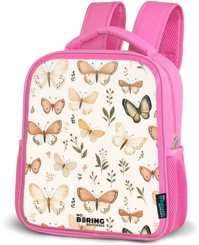 NoBoringSuitcases.com® - Rugzak roze - Schooltas meisjes - Vlinders in beige en oranjetinten tussen groene blaadjes - Kinder rugtas meisje - Boekentas kind - Kinderrugzak voor school - Schoolrugzak