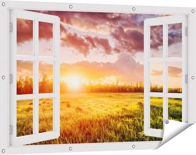 Gards Tuinposter Doorkijk Zonsopkomst in het Veld - 120x80 cm - Tuindoek - Tuindecoratie - Wanddecoratie buiten - Tuinschilderij