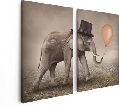 Artaza Canvas Schilderij Tweeluik Olifant Met Een Oranje Ballon - Hoedje - 80x60 - Foto Op Canvas - Canvas Print