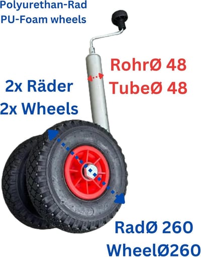 Dubbel Steunwiel Ø260 mm met Buis 48 mm voor Caravan en Aanhanger