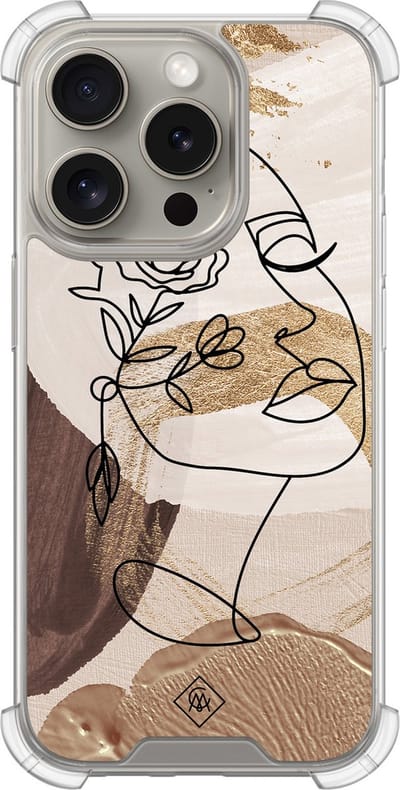 Casimoda® hoesje - Geschikt voor iPhone 15 Pro - Abstract Gezicht Bruin - Shockproof case - Extra sterk - TPU/acryl - Bruin/beige, Transparant