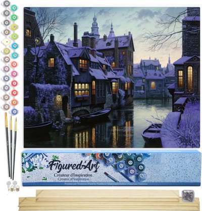 Figured'Art Schilderen op Nummer Volwassenen canvas Kanalen in Crepuscule - Handwerk acrylverf Kit DIY Compleet - 40x50cm met DIY houten lijst