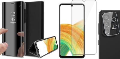 Hoesje geschikt voor Samsung Galaxy A33 - Book Case Spiegel Wallet Cover Hoes Zwart - Tempered Glass Screenprotector - Camera Lens Protector