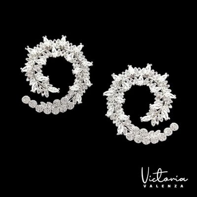 Victoria Valenza Milano Luxe Oorbellen Dames Messing Oorhangers Dames Oorringen - Witte Steen - Kleur Zilver - 1 Paar