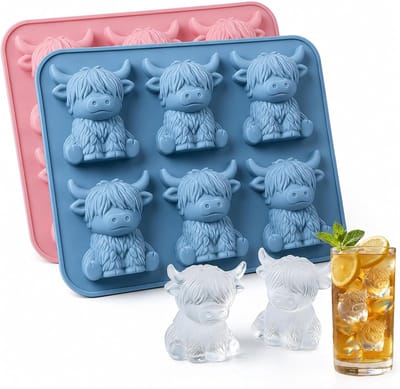 2 stuks schattige Highland Cow siliconen ijsblokjesvorm met deksel, 3D dieren ijsblokjes siliconenvorm, BPA-vrij, gemakkelijk te verwijderen, mini ijsblokjeshouder voor vriezer cocktails