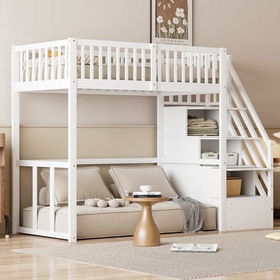 Kinderbed - 90x200 cm hoogslaper - met veilige opbergladder - massief houten bedframe - wit - zonder matras