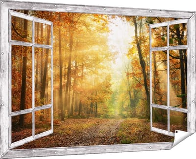 Gards Tuinposter Doorkijk Herfstbos met Zonneschijn - 180x120 cm - Tuindoek - Tuindecoratie - Wanddecoratie buiten - Tuinschilderij
