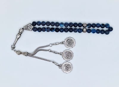 Handgemaakte tesbih "tasbih" natuursteen "Blauwe harmonie" - Aantal kralen 33 - Diameter kralen 8 MM - met metaal tassel "model 10" - Een mooi cadeau-idee