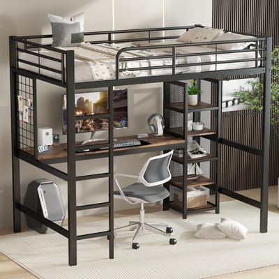 MODFU Hoogslaper 90x200 cm – 204x95x180 cm – Met bureau en opbergkast – Metaal/MDF – Zwart/donker walnoot – Voor tiener- of studentenkamer