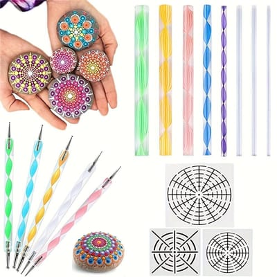 Ensemble de 16 outils de pointillage Mandala, Kit d'artisanat en plastique pour peinture sur roche, poterie en céramique, art - Comprend des tiges en acrylique, des pochoirs et un plateau à peinture