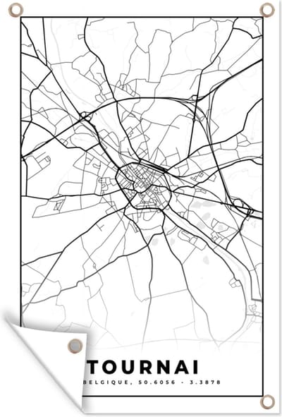 Muurdecoratie Zwart Wit – België – Plattegrond – Stadskaart – Kaart – Tournai - 120x180 cm - Tuinposter - Tuindoek