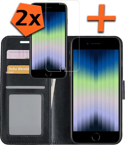 Hoes - Met 2x Screenprotector - Geschikt voor Apple iPhone SE (2022) - Luxe Pasjeshouder - Bookcase Portemonee - Flip Case - Kunstleer Book Case - Flipcase Hoes - Book Cover - Walletcase - PortemonneeHoes - Zwart