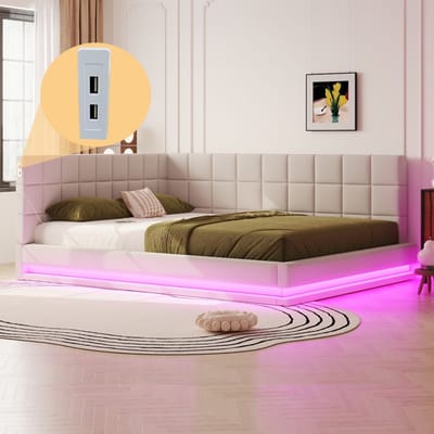 Komhtom Gestoffeerde slaapbank 160*200 Multifunctioneel bed met led-lichtstrip, USB-aansluiting en lattenbodem, aangenaam aanvoelende fluweelstof, beige