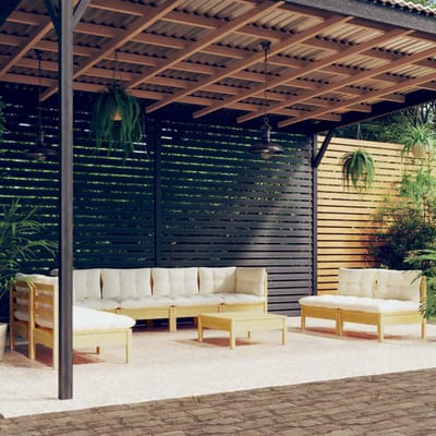 vidaXL - 9-delige - Loungeset - met - crèmekleurige - kussens - massief - grenenhout