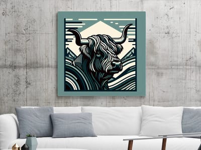 Modern schotse hooglander schilderij | Hedendaagse Hooglandse Kunst: Een Moderne Interpretatie van Schotse Sferen | Kunst - 50x50 centimeter op Dibond | Foto op Dibond