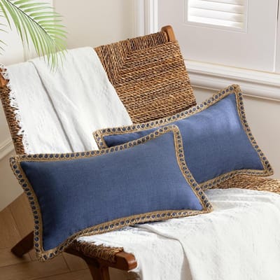 Kussenhoezen Set - Sierkussens Linnen - Woonkamer Decoratie - Jute met Linnen Rand - 30 x 50 cm - Marineblauw