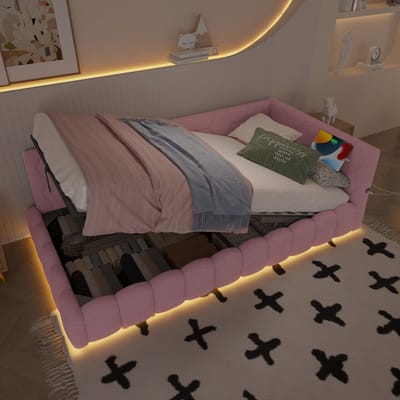DESMIU Gestoffeerd Dagbed 90x200cm Met Matras Zonder Matras – Bed Met LED-Verlichting, Hydraulische Opbergruimte, USB En Type-C – Jeugd Slaapkamer – Fluweel – Roze