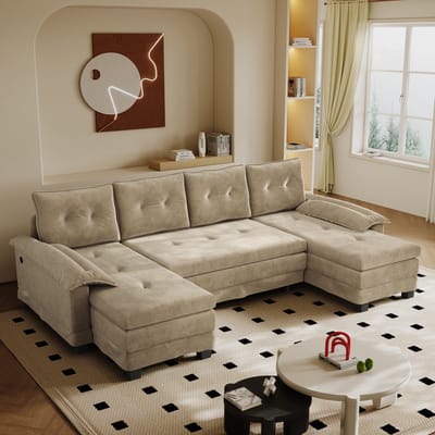 MIVRAY U-Bank 278 Cm - Slaapbank Met USB En Afneembare Armleuningen - Voor Woonkamer En Appartement - Chenille Kamel