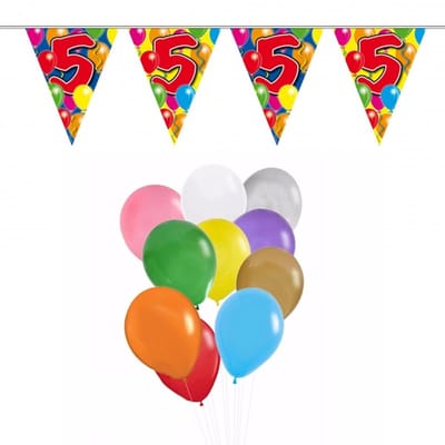 Folat Verjaardag 5 jaar feestartikelen set - 50x ballonnen - 2x leeftijd print vlaggenlijnen