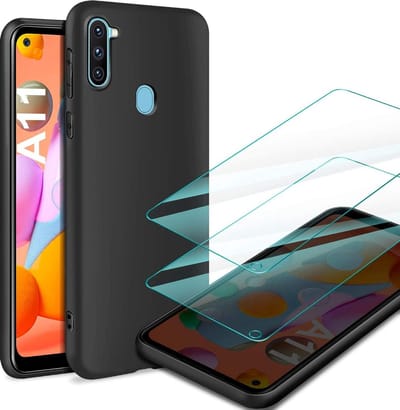 Soft Back Cover Hoesje Geschikt voor: Samsung Galaxy M11 - Soft TPU Siliconen Case & 2X Tempered Glas Combi - Zwart