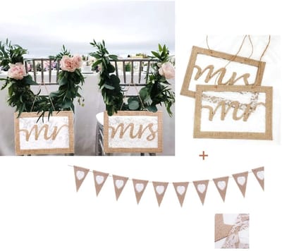 Vintage Stoeldecoratie Huwelijk Jute kant Mr& Mrs- Stoel versiering met vlaggenlijn jute Bruiloft Vintage - Youhomy wedding decor - Versiering bruiloft Huwelijk - Wedding- Binnen en buiten