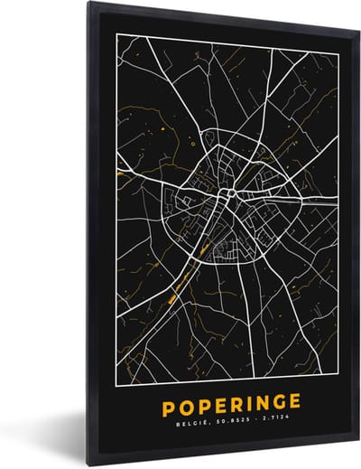 Fotolijst incl. Poster - Black & gold - Poperinge - Stadskaart - Plattegrond - Kaart - 40x60 cm - Posterlijst