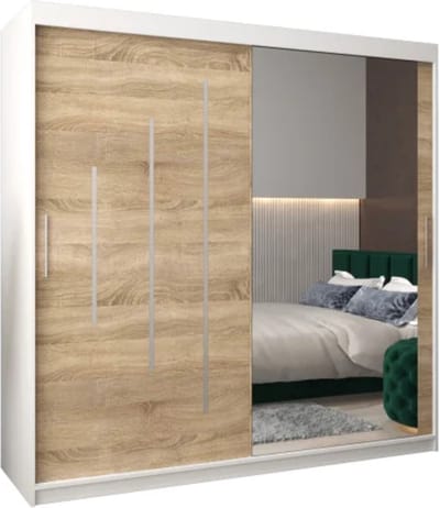 InspireMe - Kledingkast met 2 schuifdeuren, Modern-stijl, Een kledingkast met planken en een spiegel (BxHxD): 200x200x62 - MALTESE II 200 Wit Mat + Sonoma Eik