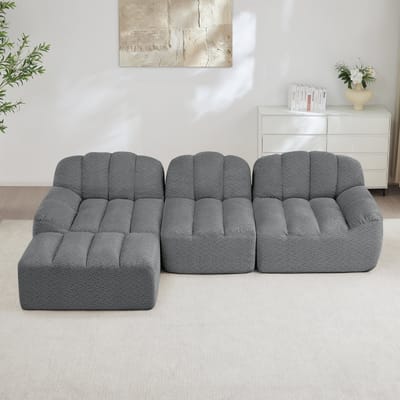 MODFU Modulaire Hoekbank - 3-Zits Met Ottoman - Frameloos - Ergonomische Vorm - Woonkamer - Fleece - Grijs