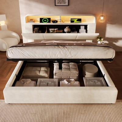 MEUNIQ tweepersoons bed 140x190 cm met opbergruimte, verstelbaar hoofdbord, hydraulische opbergbak, LED-verlichting, USB en Type-C, lattenbodem, beige