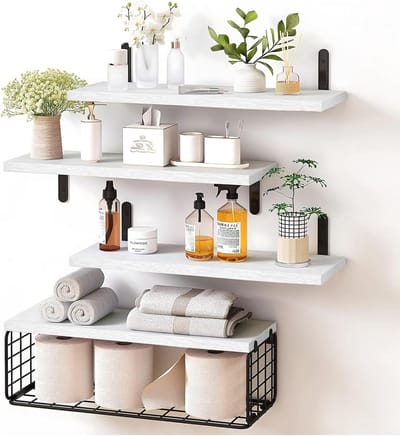 Set van 4 Houten Wandplanken met Metalen Mand, Rustieke Drijvende Planken voor Woonkamer, Badkamer, Keuken en Kantoor, Ideaal voor Opslag en Decoratie