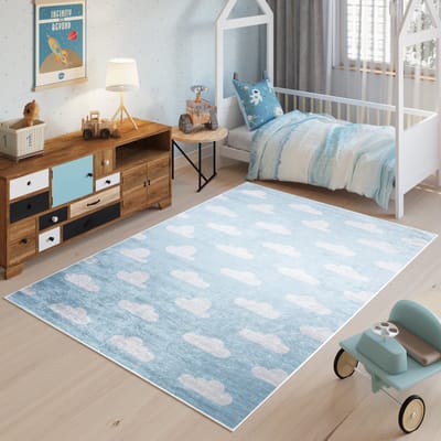 Tapiso Emma Vloerkleed Kinderkamer Kindertapijt Wolken Blauw Tapijt Maat- 140x200