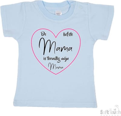Soft Touch T-shirt Shirtje Korte mouw "De liefste mama is toevallig mijn mama" Unisex Katoen Blauw/roze/zwart Maat 62/68