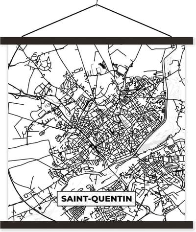 Posterhanger incl. Poster 60x60 cm - Schoolplaat - Kaart - Stadskaart - Saint-Quentin - Frankrijk - Plattegrond - Zwart wit - Textielposter - Zwarte latten - Stadskaart