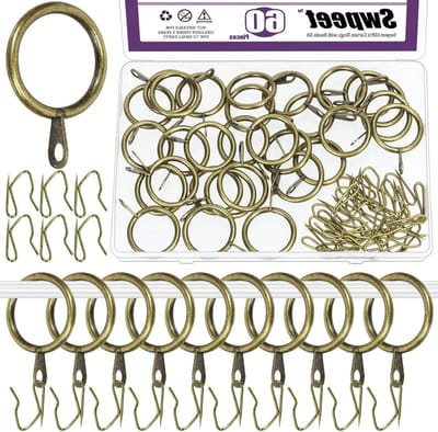 60 Stuks 25mm/1" Binnen Diameter Bronzen Metalen Gordijnringen met Pin-on Drapery Haken, Ideaal voor Raam, Deur en Douchegordijnen