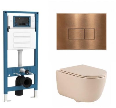 QeramiQ Dely Swirl Toiletset - inbouwreservoir Qeramiq Flush - slim zitting - metaal koperen bedieningsplaat - rechthoekige knoppen - beige